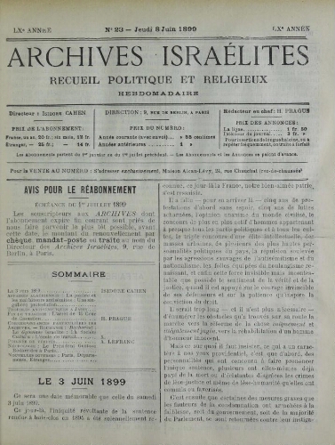 Archives israélites de France. Vol.60 N°23 (08 juin 1899)